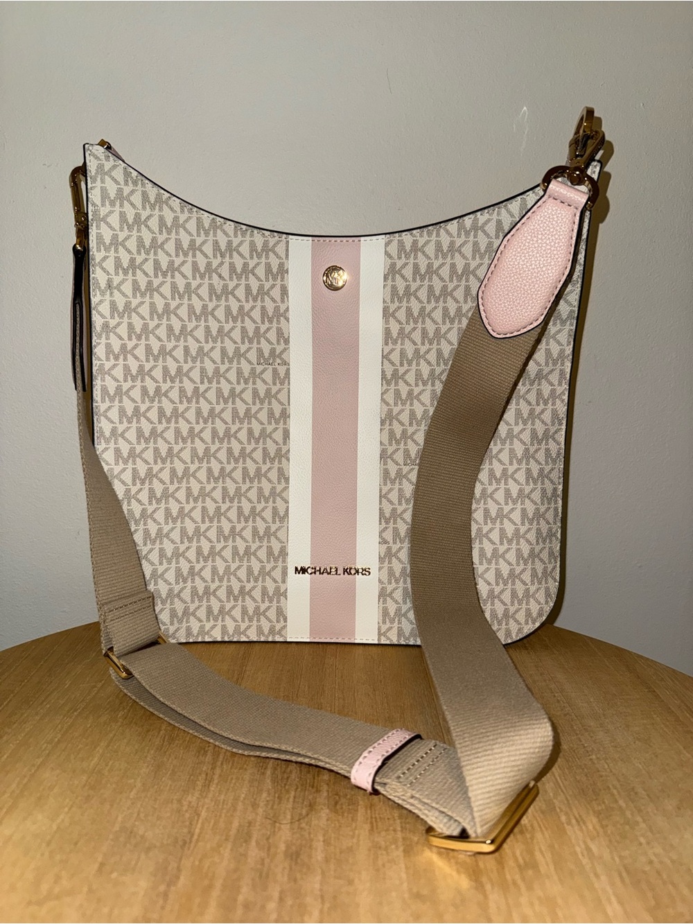Michael Kors Beige and Pink Logo Stripe Crossbody Bag
